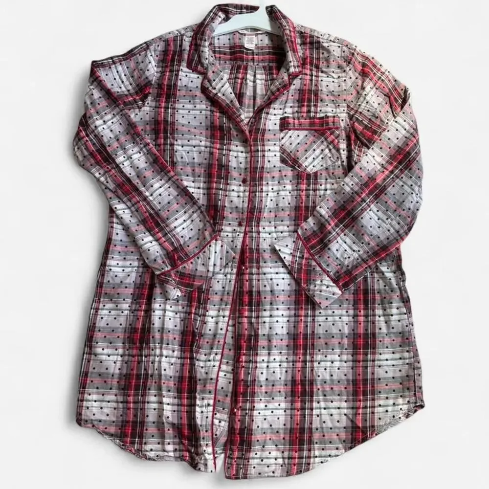 Victoria's Secret Women's Sleep Shirt L Red White Plaid Polka Dot Casual Cozy
